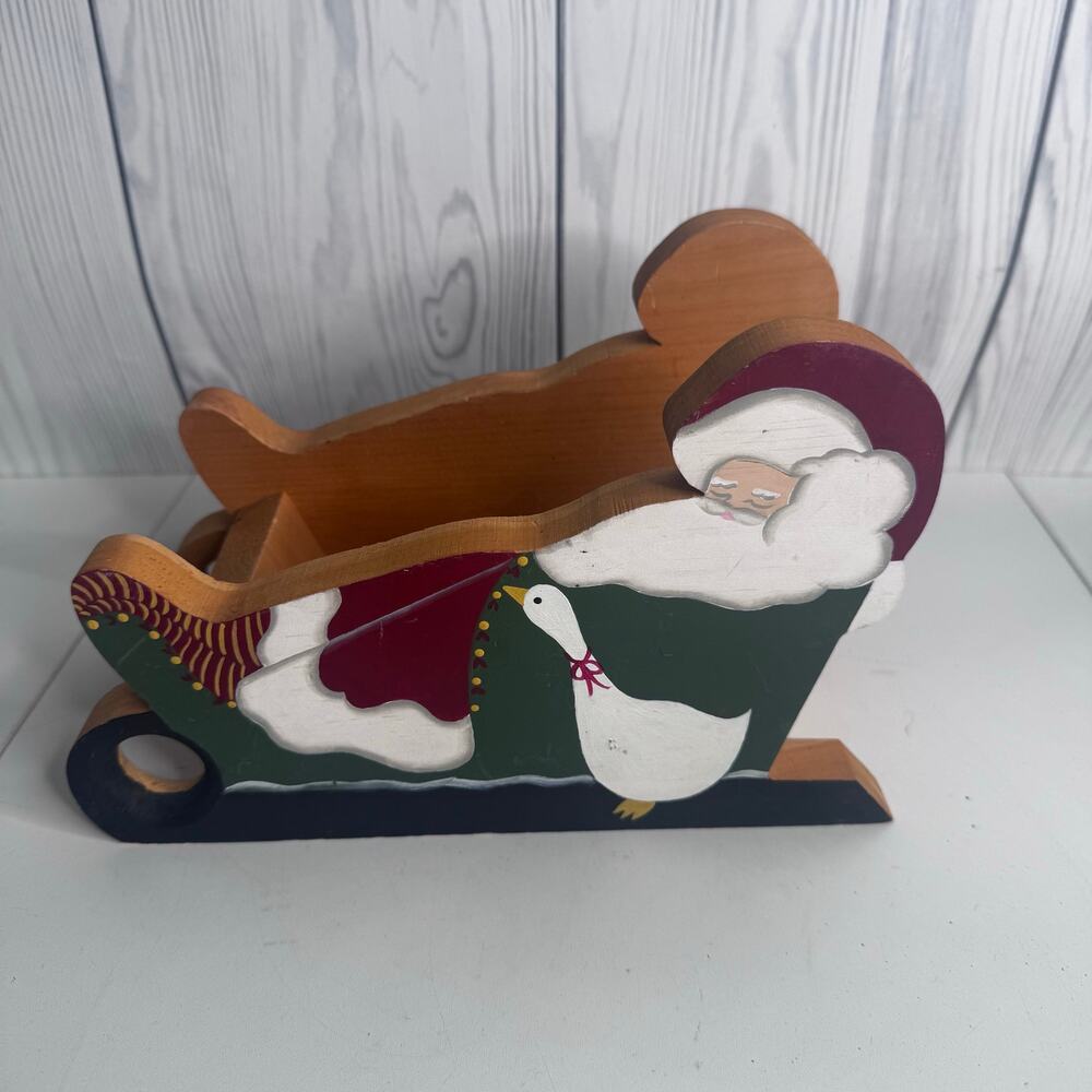 Vintage Hand Painted Wooden Folk Art Christmas Sled Holder Decor Holiday Goose